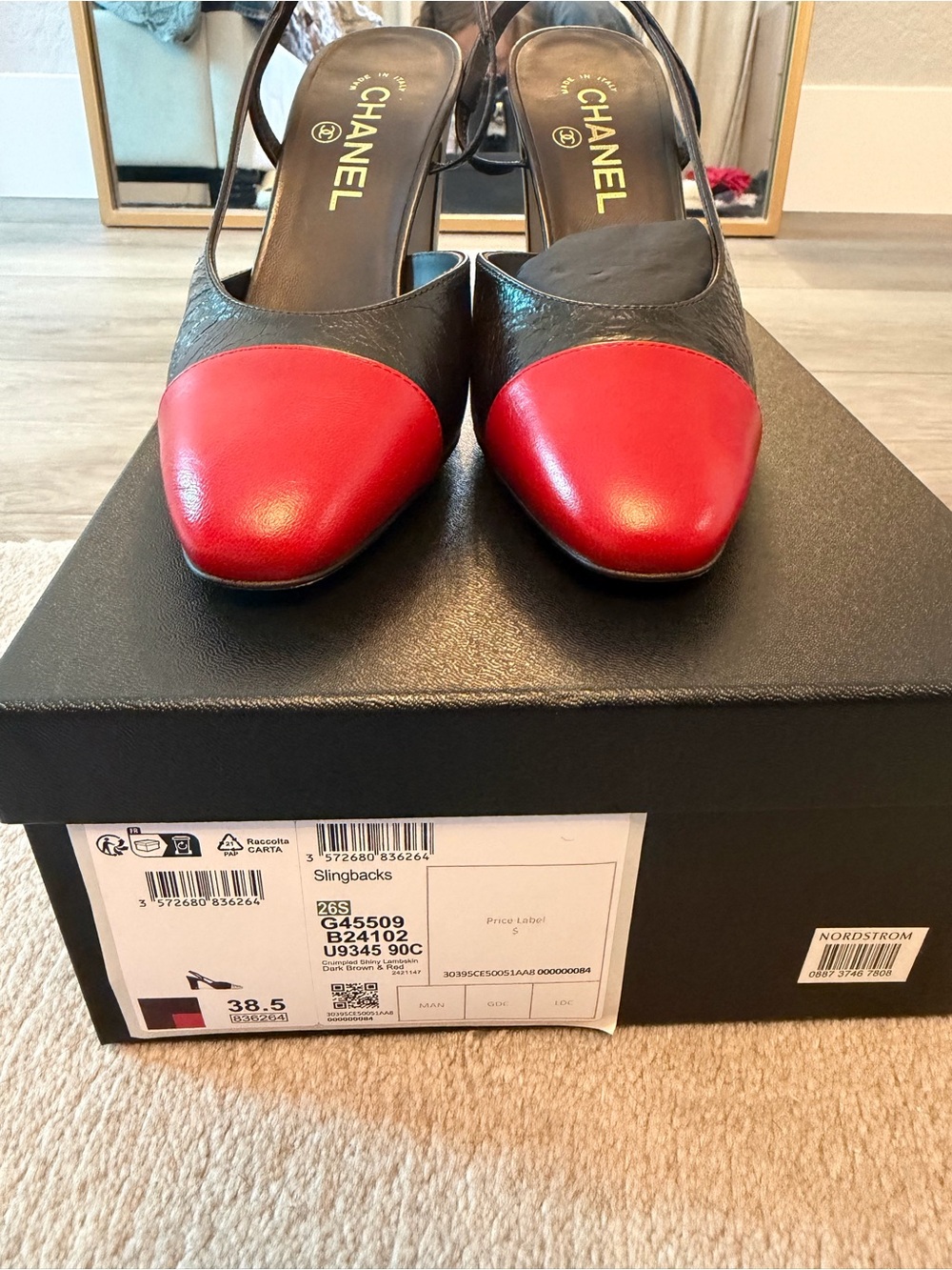 CHANEL COCO 90MM SLINGBACK Brown Leather with Red Cap Toe - Picture 6 of 9